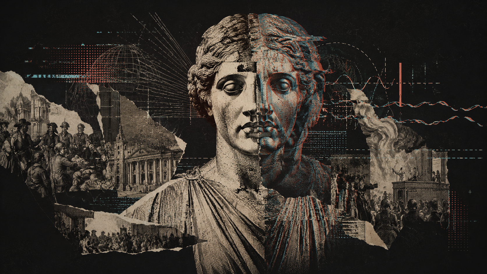 Engraving-style fractured classical statue amid archival print fragments